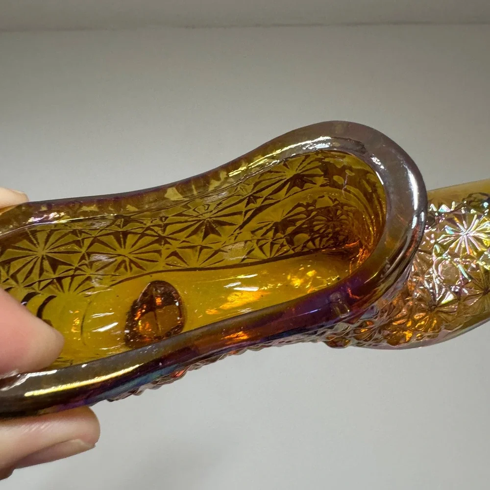 Vintage Amber Carnival Glass Slipper Daisy and Button Iridescent Boot Figurine